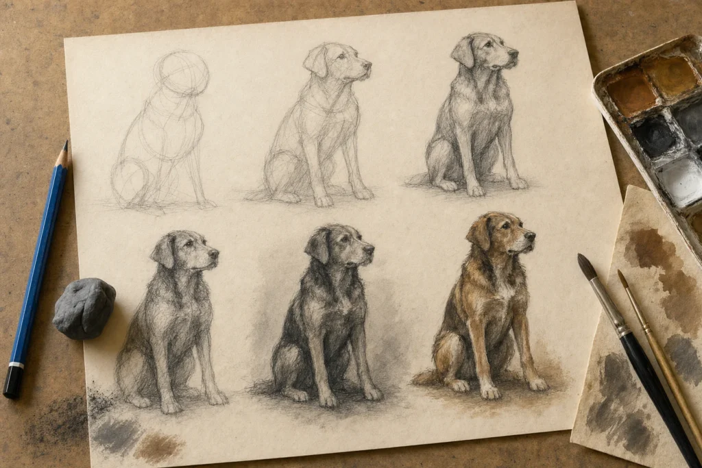 Zes opeenvolgende studies van dezelfde zittende hond van constructie tot verf