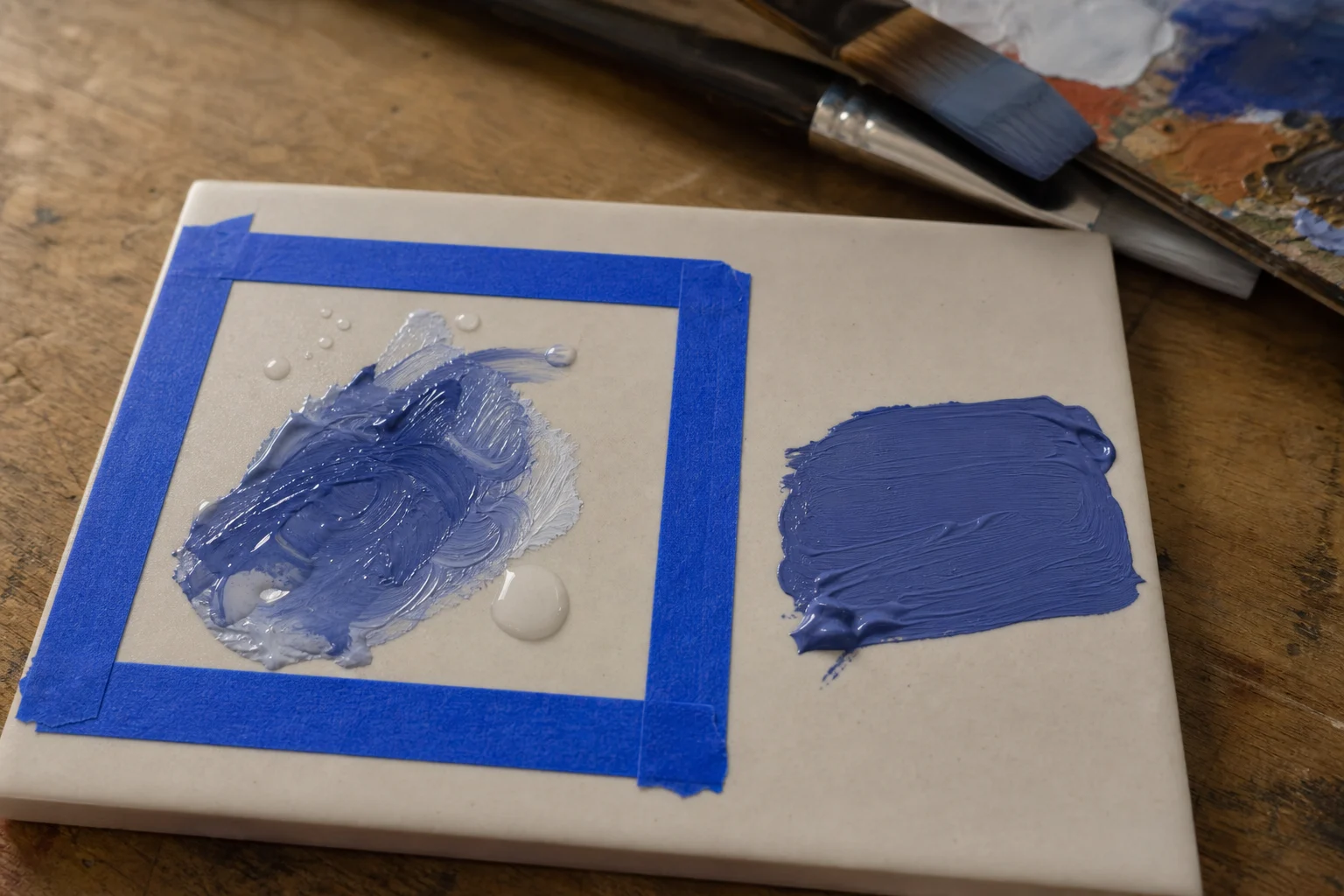 Kleine proef van dikke blauwe acrylverf met druppels water en acrylmedium op keramische tegel