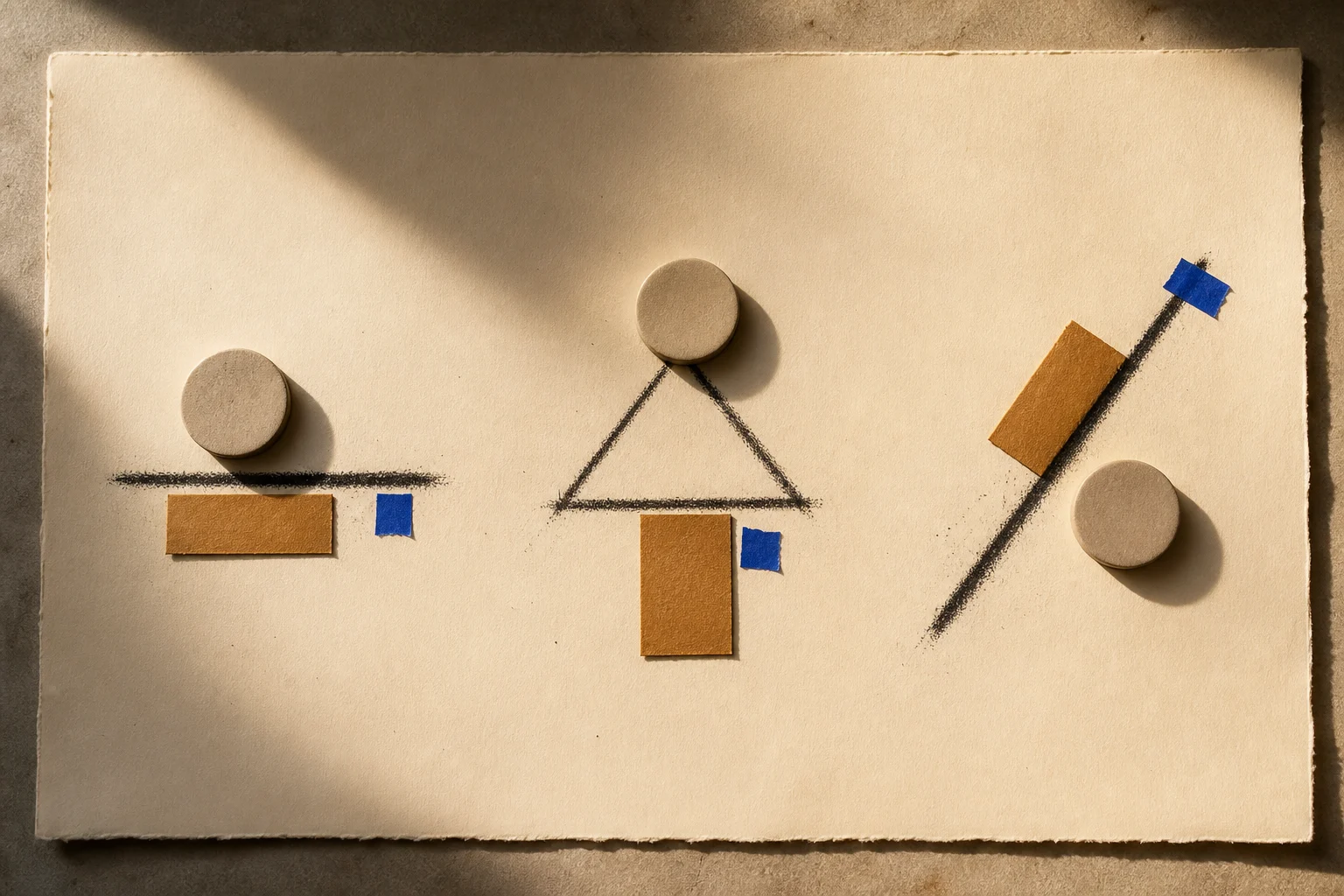 Drie compositieroutes met dezelfde vormen horizontaal, driehoekig en diagonaal gerangschikt