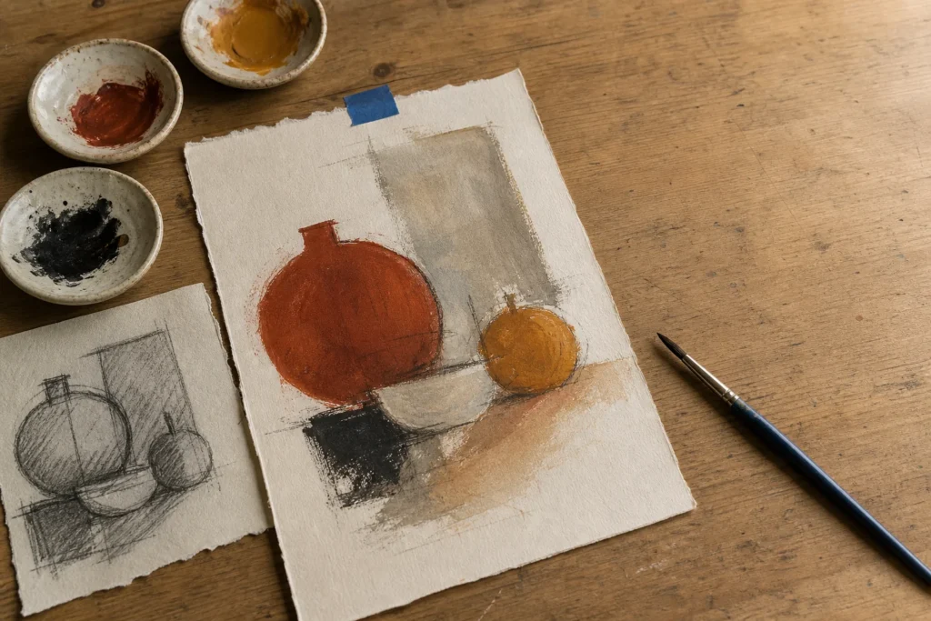 Atelieropstelling met een asymmetrische compositieschets, pigmentkommen en penseel
