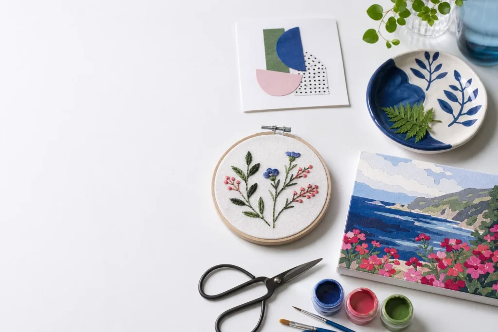 Vier volwassen knutselprojecten op een heldere witte tafel met collage borduurwerk keramiek en schilderwerk