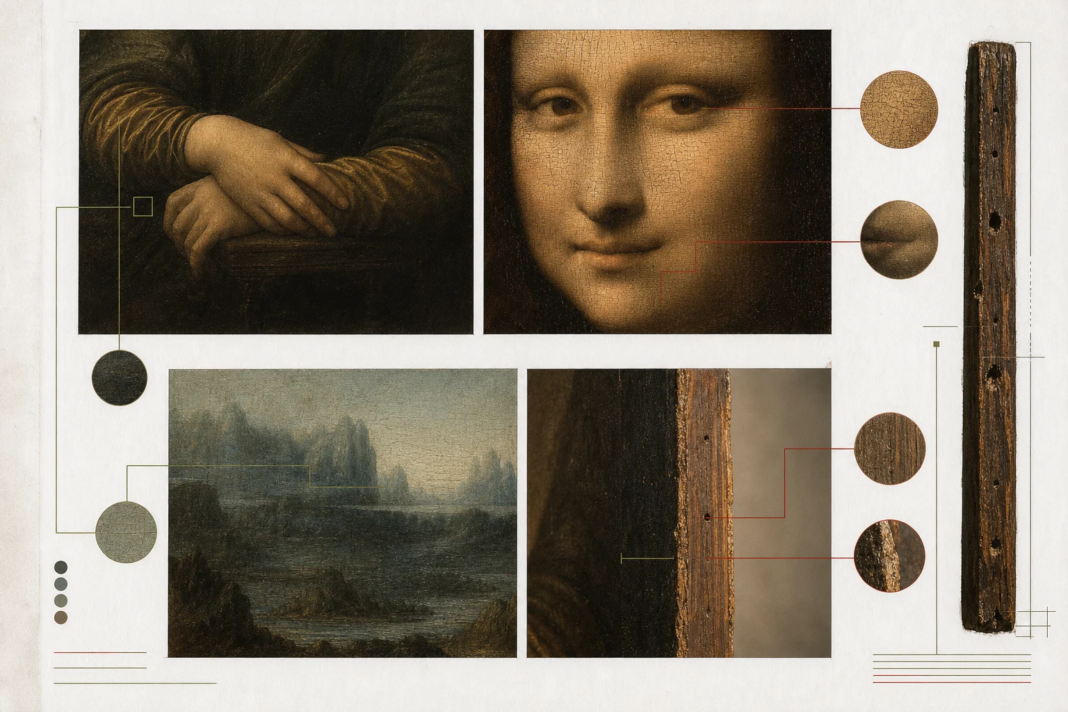 Museumachtige detailstudie van de Mona Lisa met annotaties bij handen gezicht horizon en populierenhouten paneel
