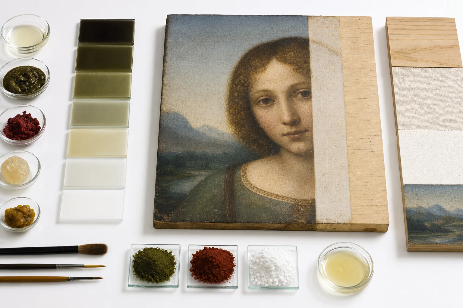 Dwarsdoorsnede van Leonardo's schildertechniek met dunne glacislagen zachte sfumato-randen en atmosferisch landschap
