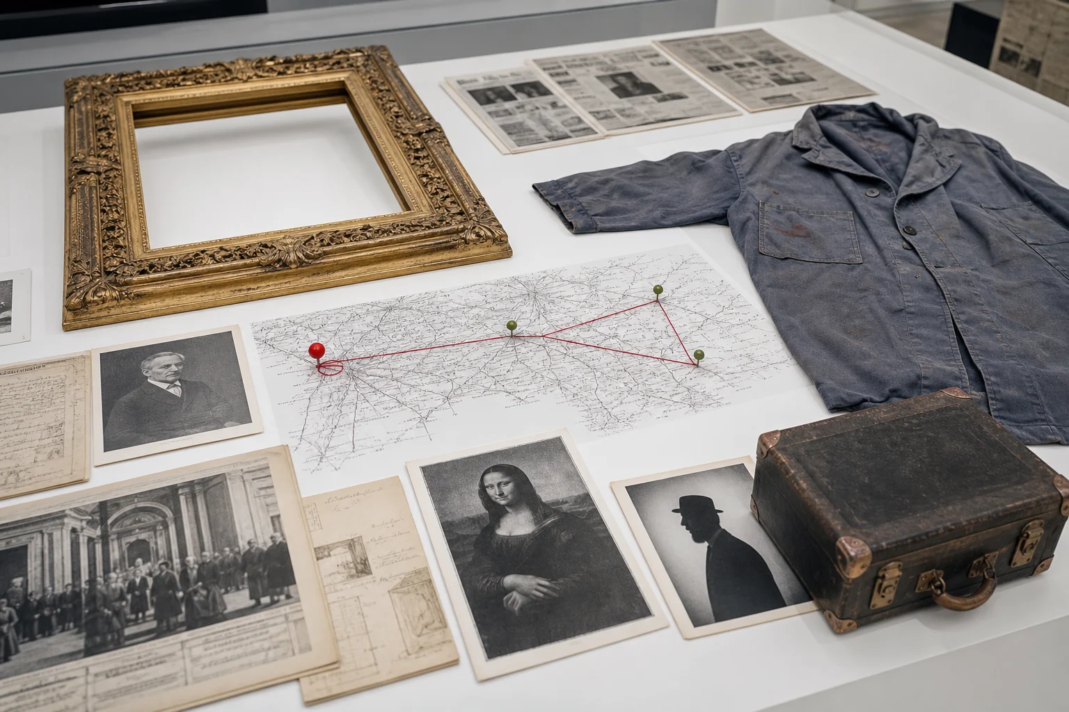 Archiefdossier van de Mona Lisa-diefstal met lege museumlijst koffer kranten en route Parijs-Florence