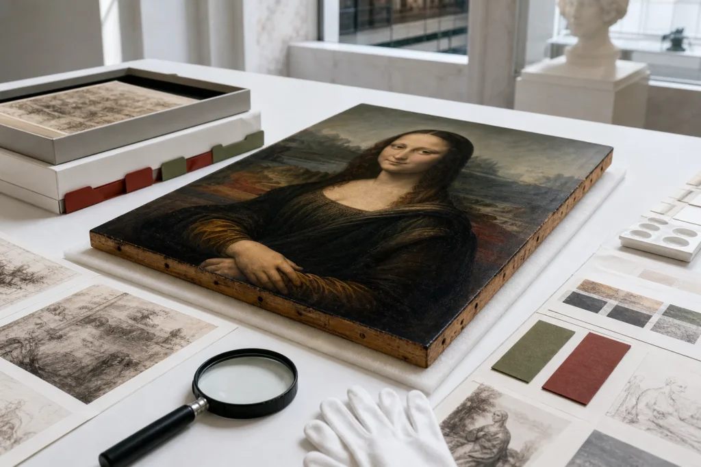 Wit museumdossier rond een renaissancistisch portret met zichtbaar populierenpaneel en archiefmateriaal