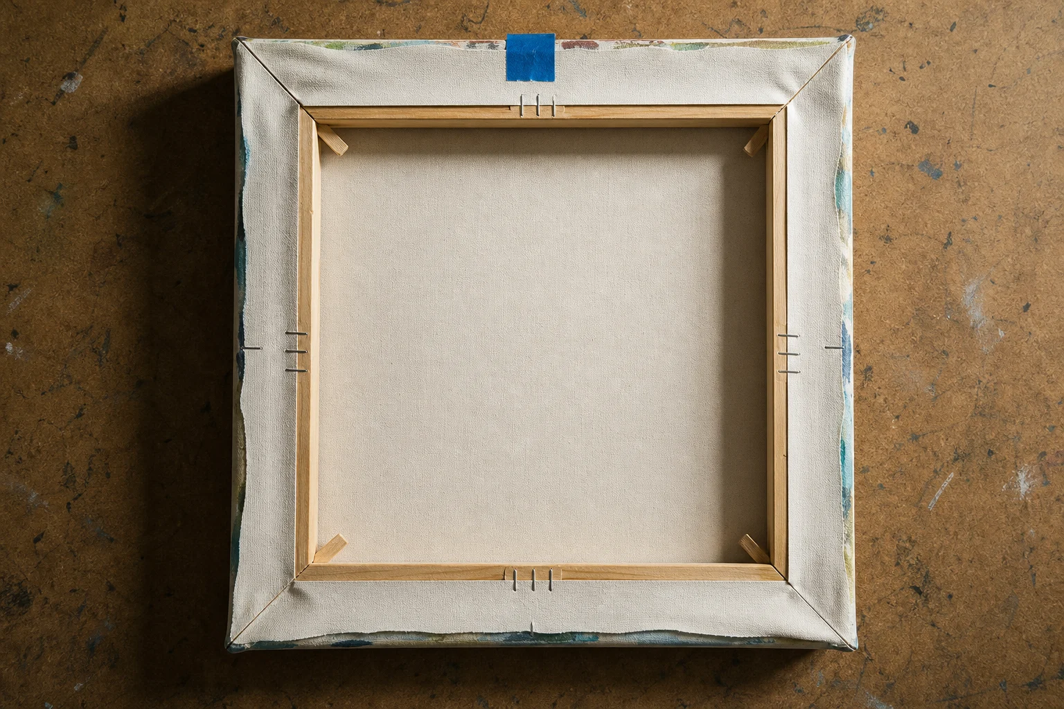 Canvas dat vanuit de middelpunten kruislings op houten spielatten is vastgezet