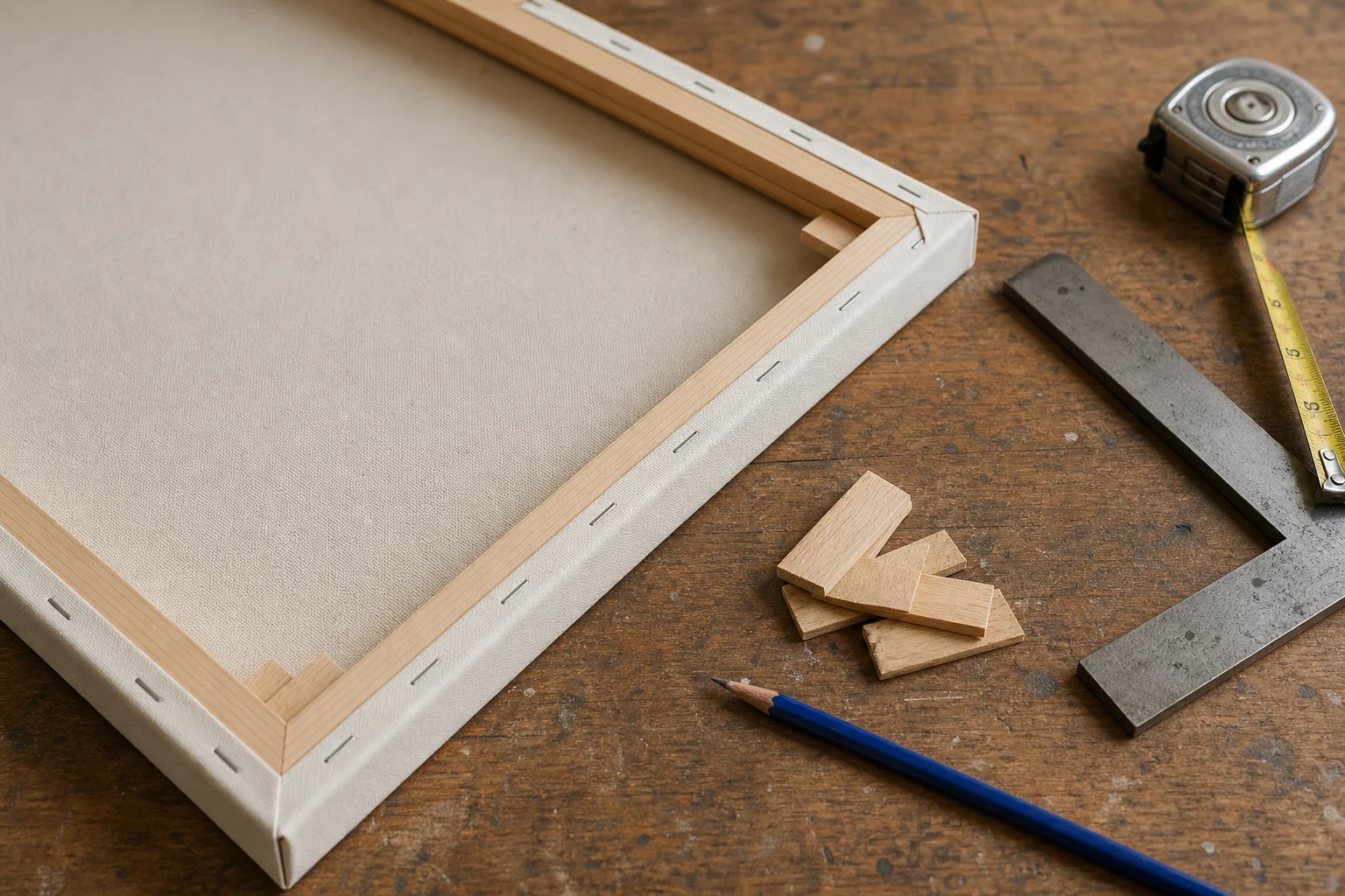 Achterkant van strak opgespannen canvas met nette hoeken nieten en houten spietjes