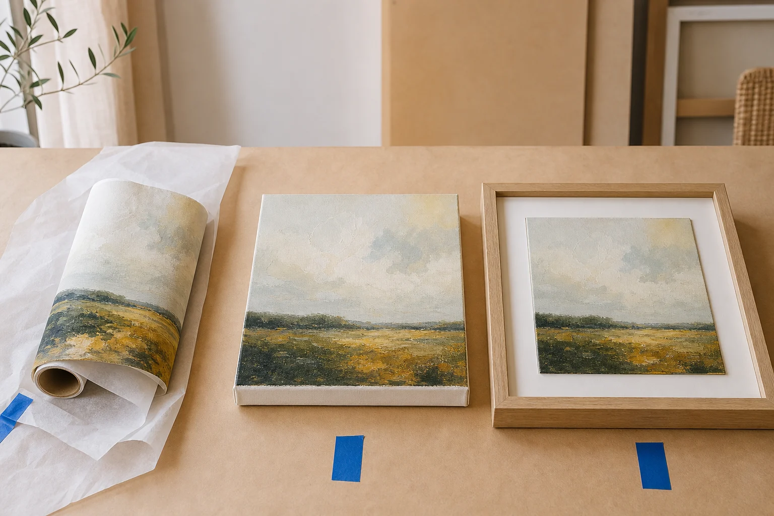 Drie afwerkingen naast elkaar met opgerold doek opgespannen canvas en houten sierlijst
