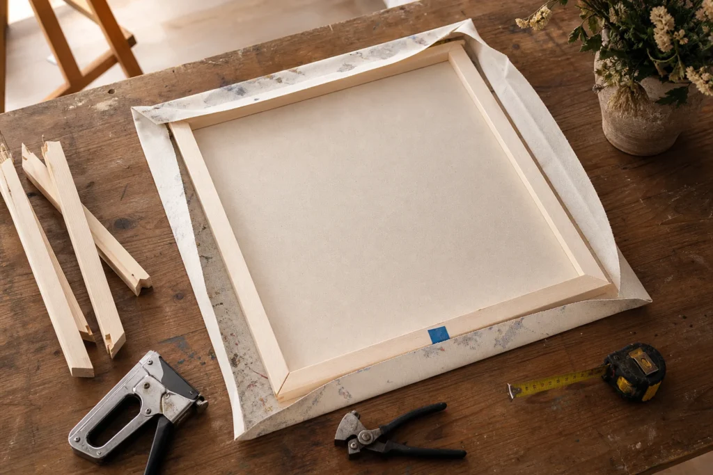 Werktafel met canvas houten spielatten nietpistool en canvastang