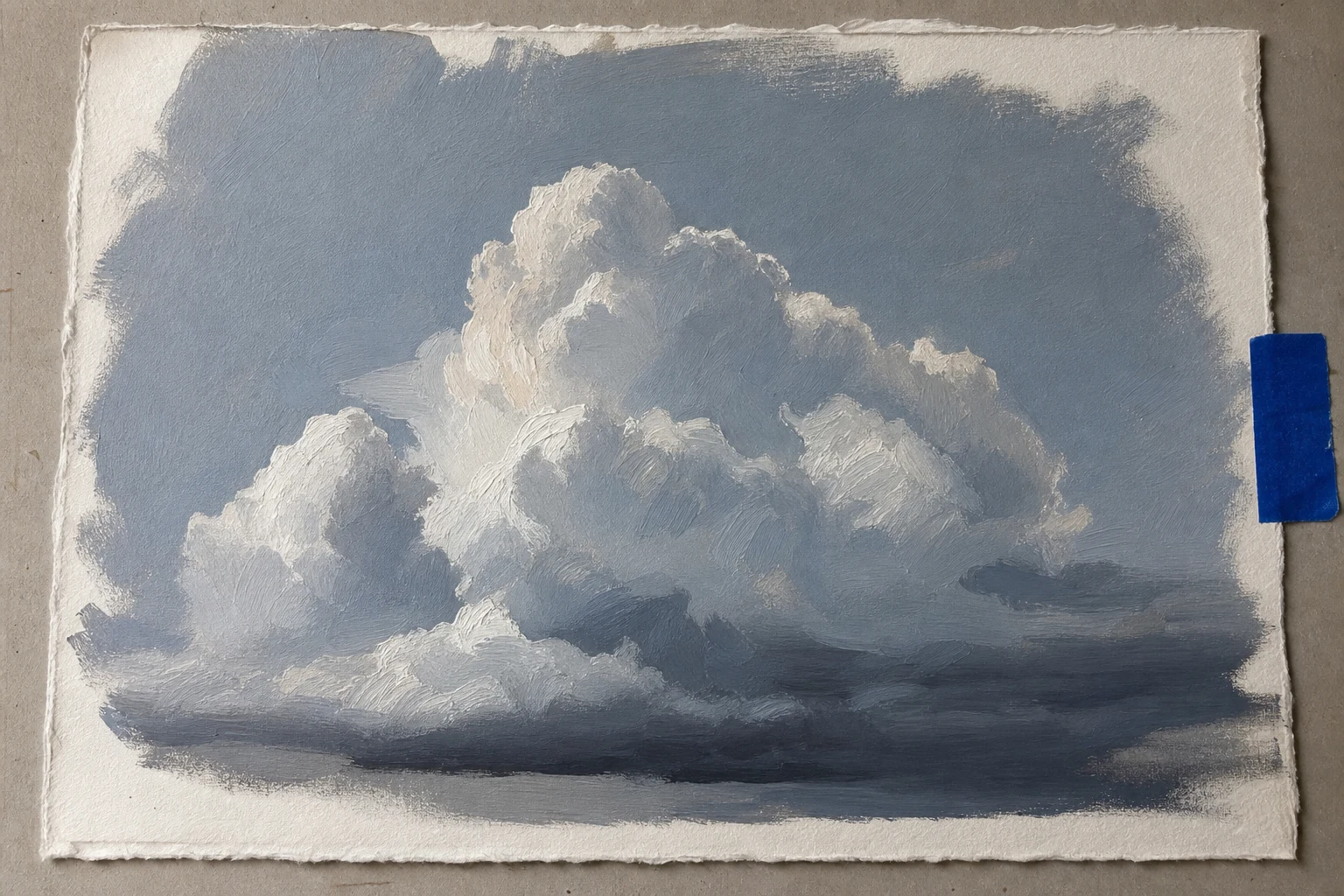 Cumulusstudie in acryl met donkere horizontale basis, zachte schaduw en helder belichte toppen