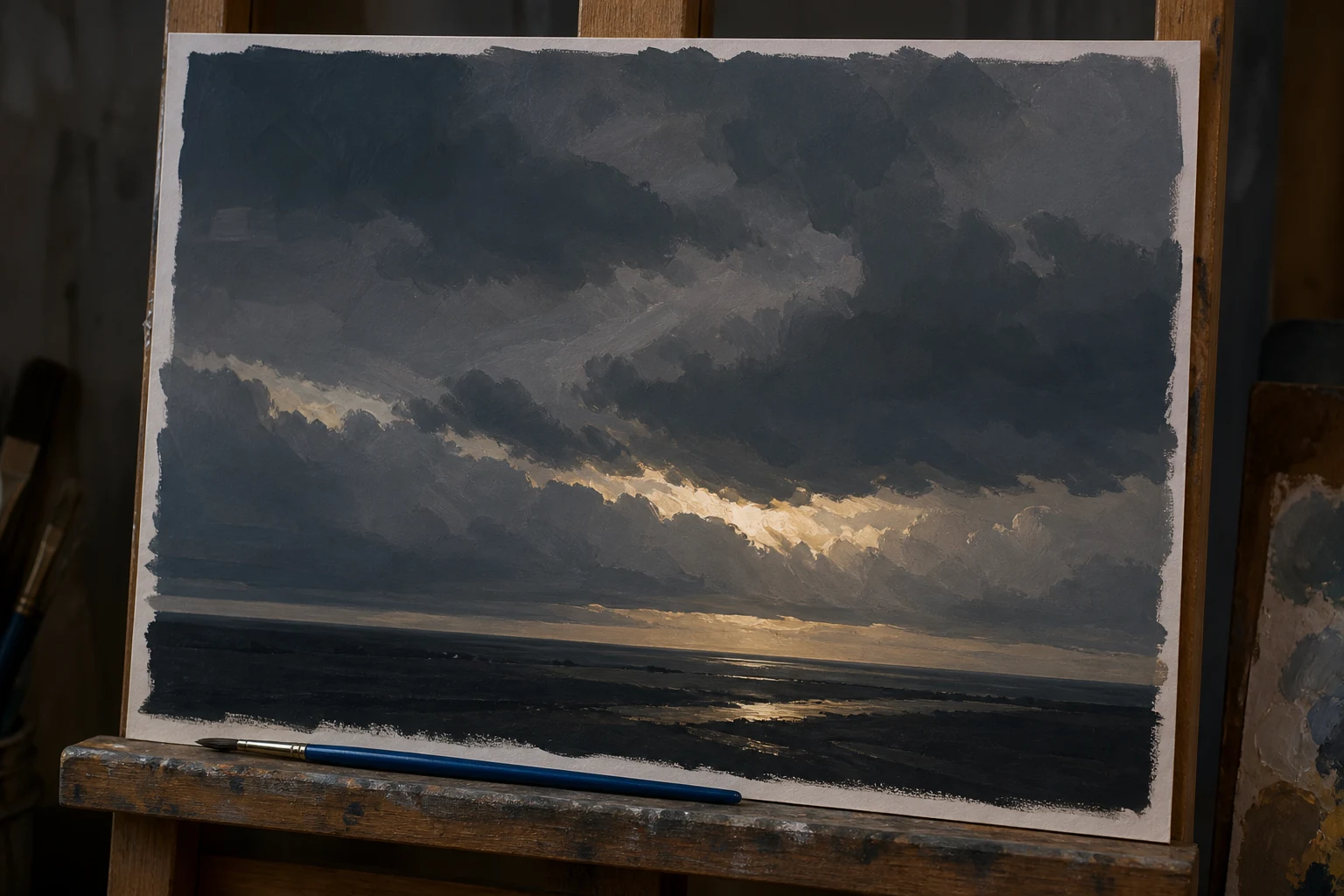 Donkere acrylwolkenlucht opgebouwd uit drie waarden met een lichte rand en open horizon