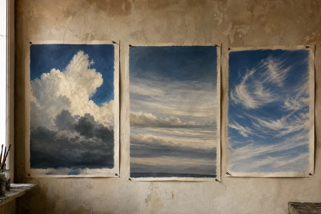 Drie geschilderde wolkenstudies van cumulus, stratus en cirrus op een warme atelierwand