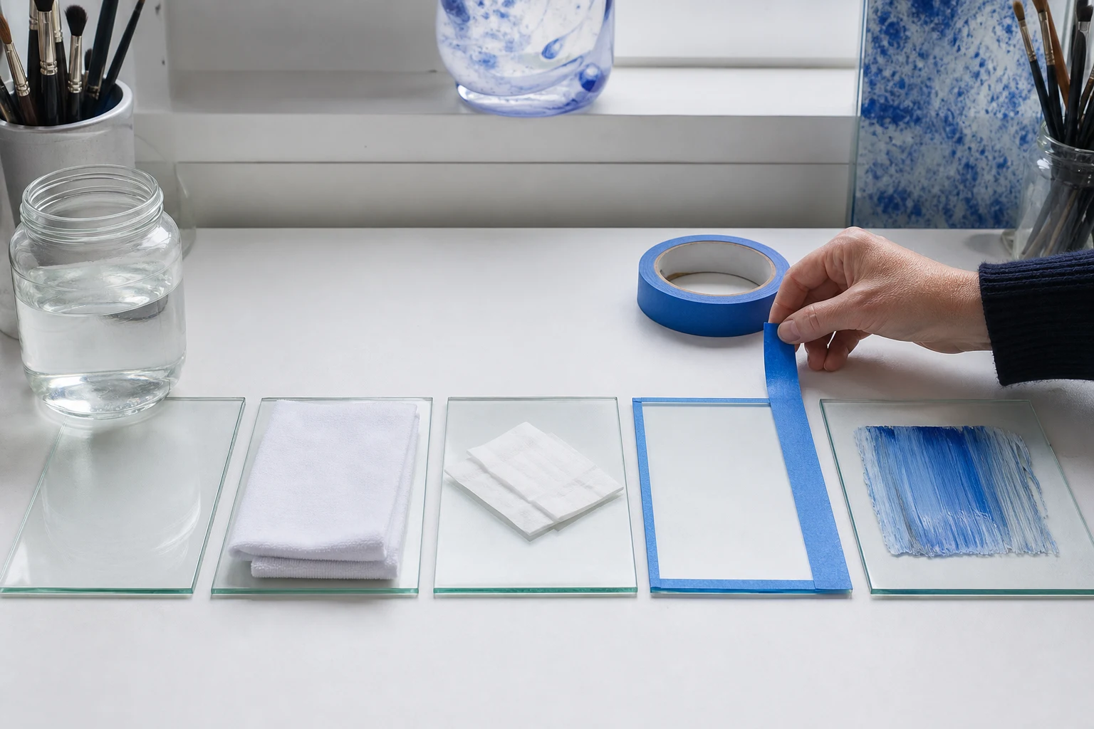 Werkbank waarop glas in stappen wordt gewassen, ontvet, afgeplakt en getest