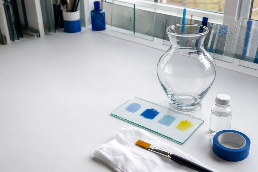 Helder glasatelier met verfproeven penseel doek alcohol en blauwe afplaktape