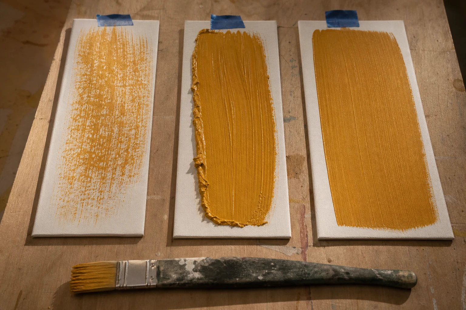 Drie proefstrepen acrylverf tonen een droge, te volle en egaal geladen penseelstreek