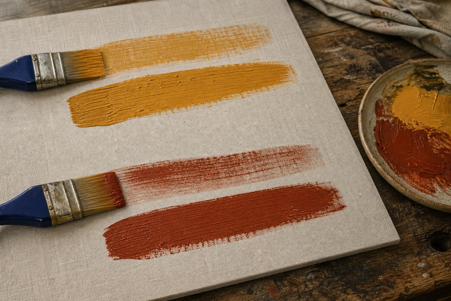 Platte penselen met verschillende druk naast egale banen okergele acrylverf