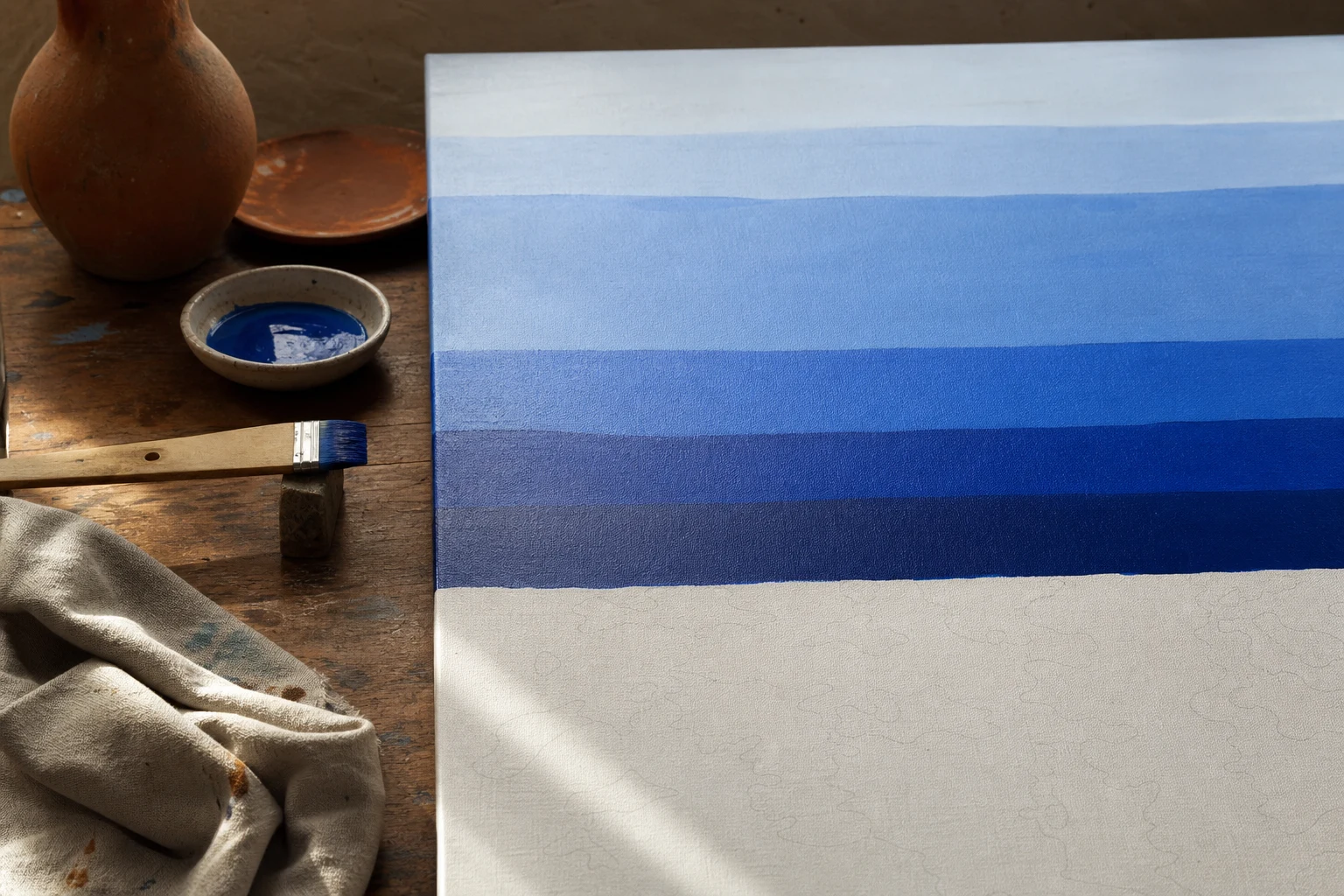 Genummerd doek met een groot egaal blauw vlak dat in parallelle banen wordt opgebouwd