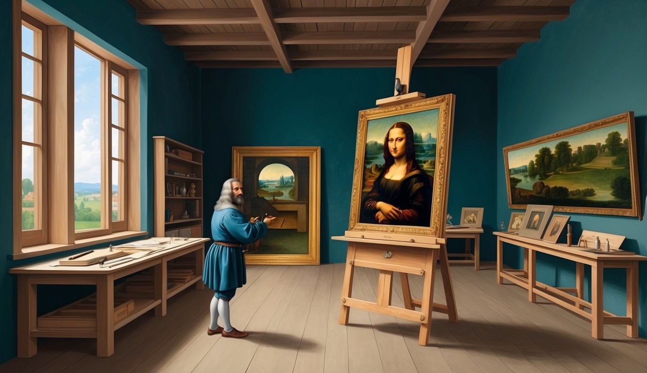 Leonardo da Vinci's werktekeningen in Clos Lucé, met de Mona Lisa tentoongesteld