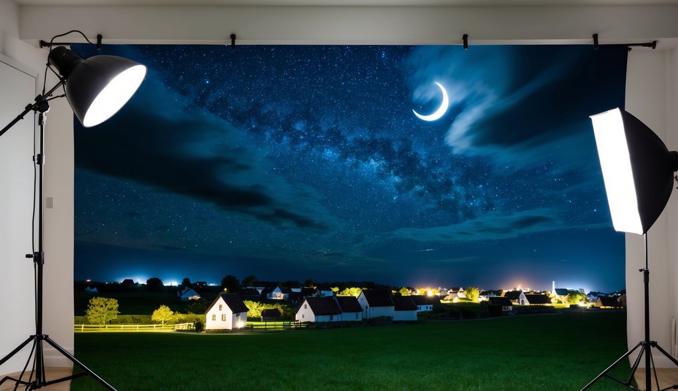 Sterrennacht boven een rustig dorp met draaiende wolken en een halve maan.