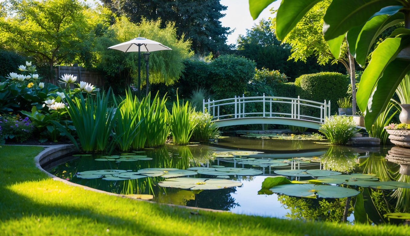 Een serene tuin met vijvers en waterlelies, badend in natuurlijk licht.