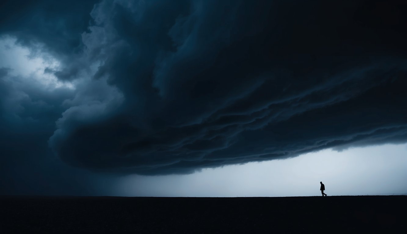 Een dramatische scène met donkere wolken en een figuur in de verte.