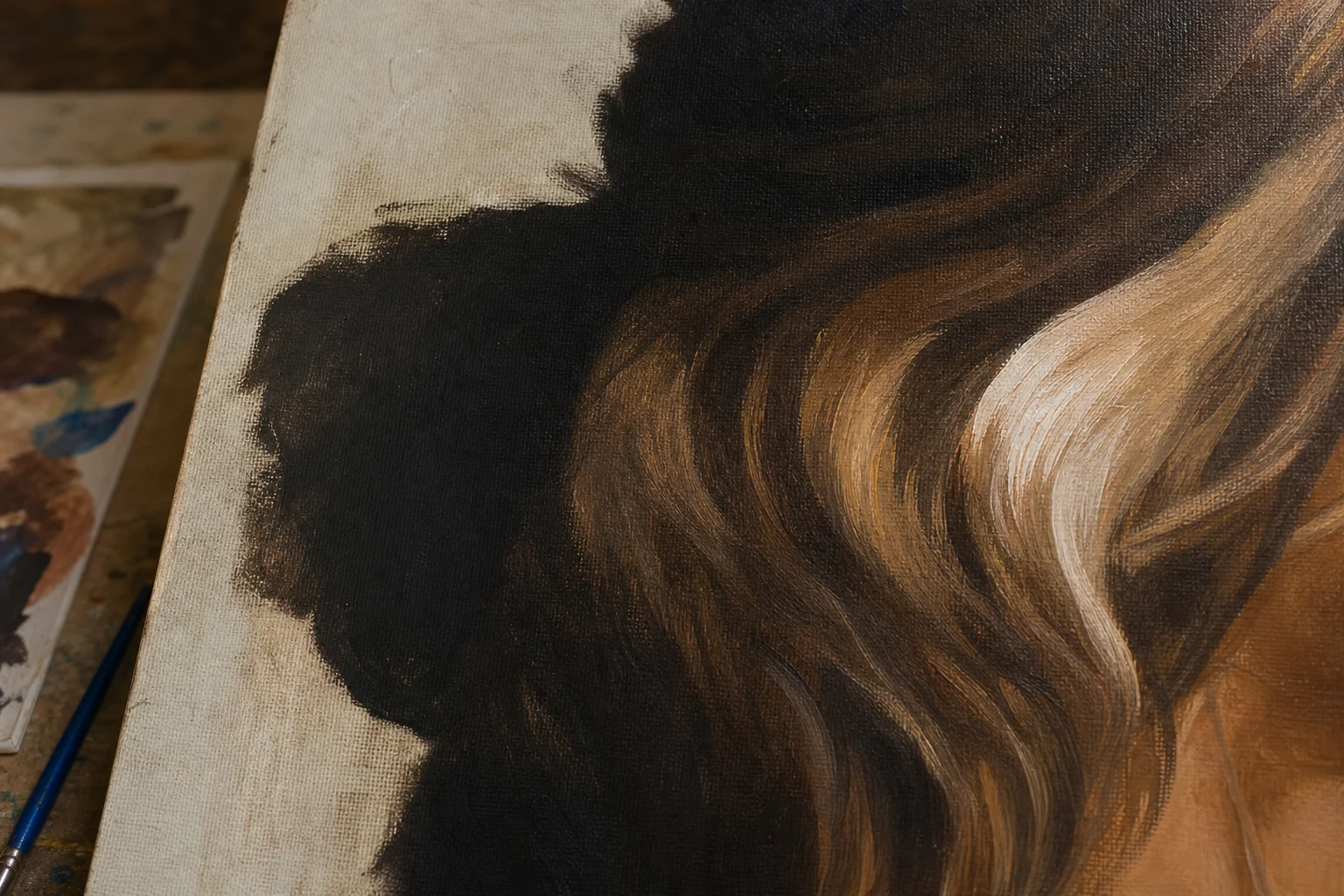 Close-up van een geschilderde haarpartij met donkere massa, middentoonbundels en één zachte glanszone