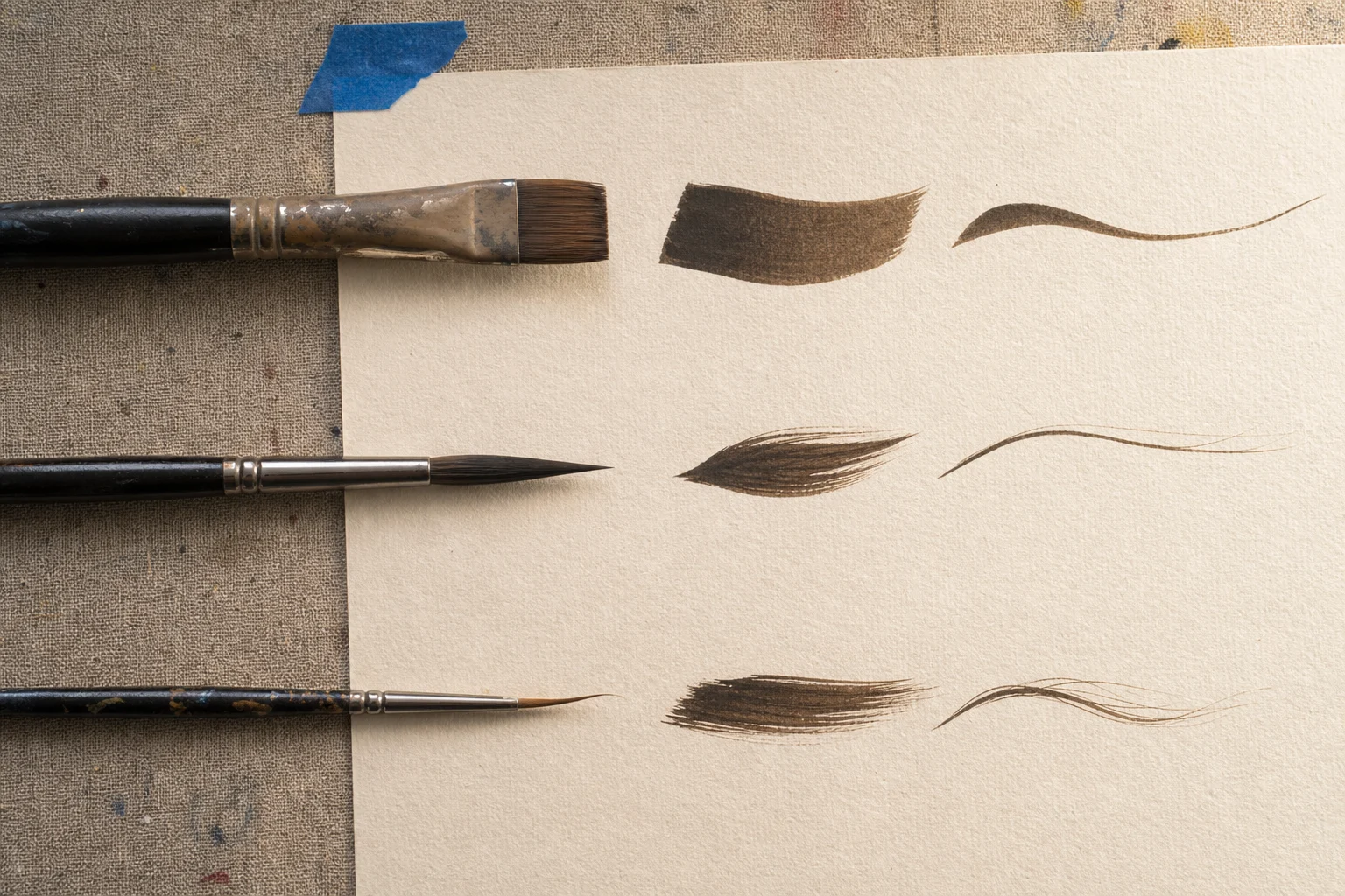 Drie gebruikte acrylpenselen naast brede, middelbrede en fijne haarstreken op mat papier