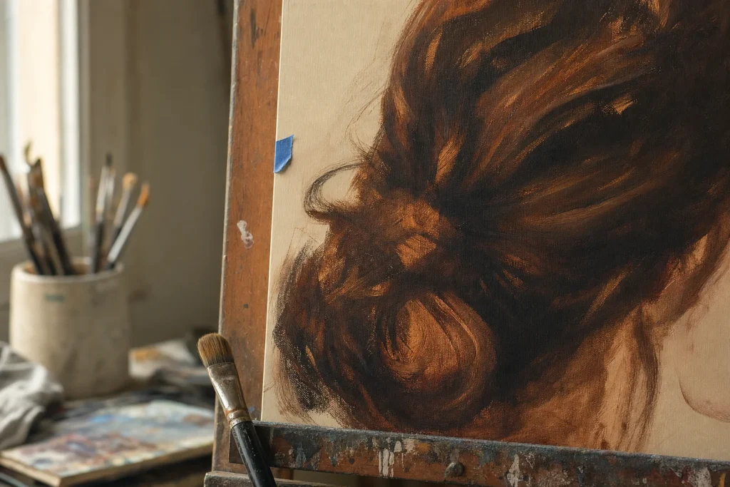 Onvoltooid acrylportret met haar opgebouwd uit donkere massa en brede richtingstreken