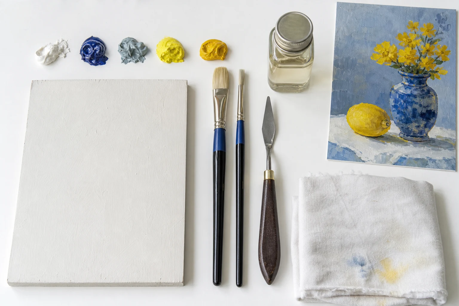 Beperkte olieverfset op een witte werktafel met vijf kleuren twee kwasten paletmes paneel en stillevenreferentie
