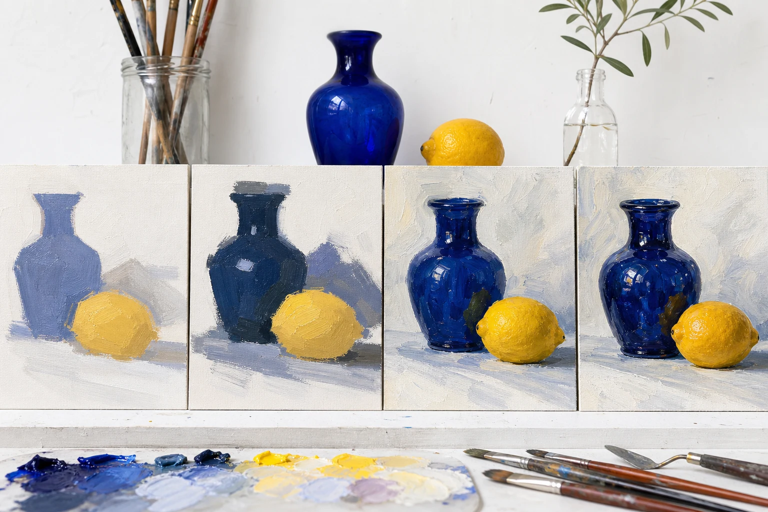 Vier stadia van hetzelfde alla-primaschilderij met blauwe vaas en citroen van grote vormen tot afgewerkt werk