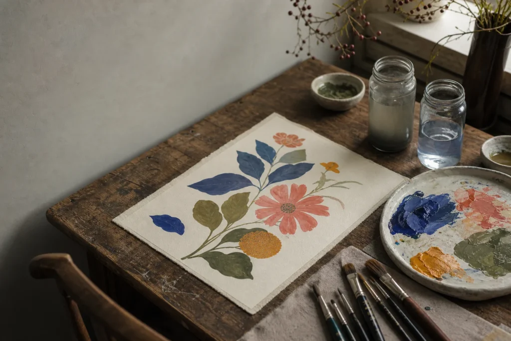 Gouachewerkplek met botanische studie, palet en penselen