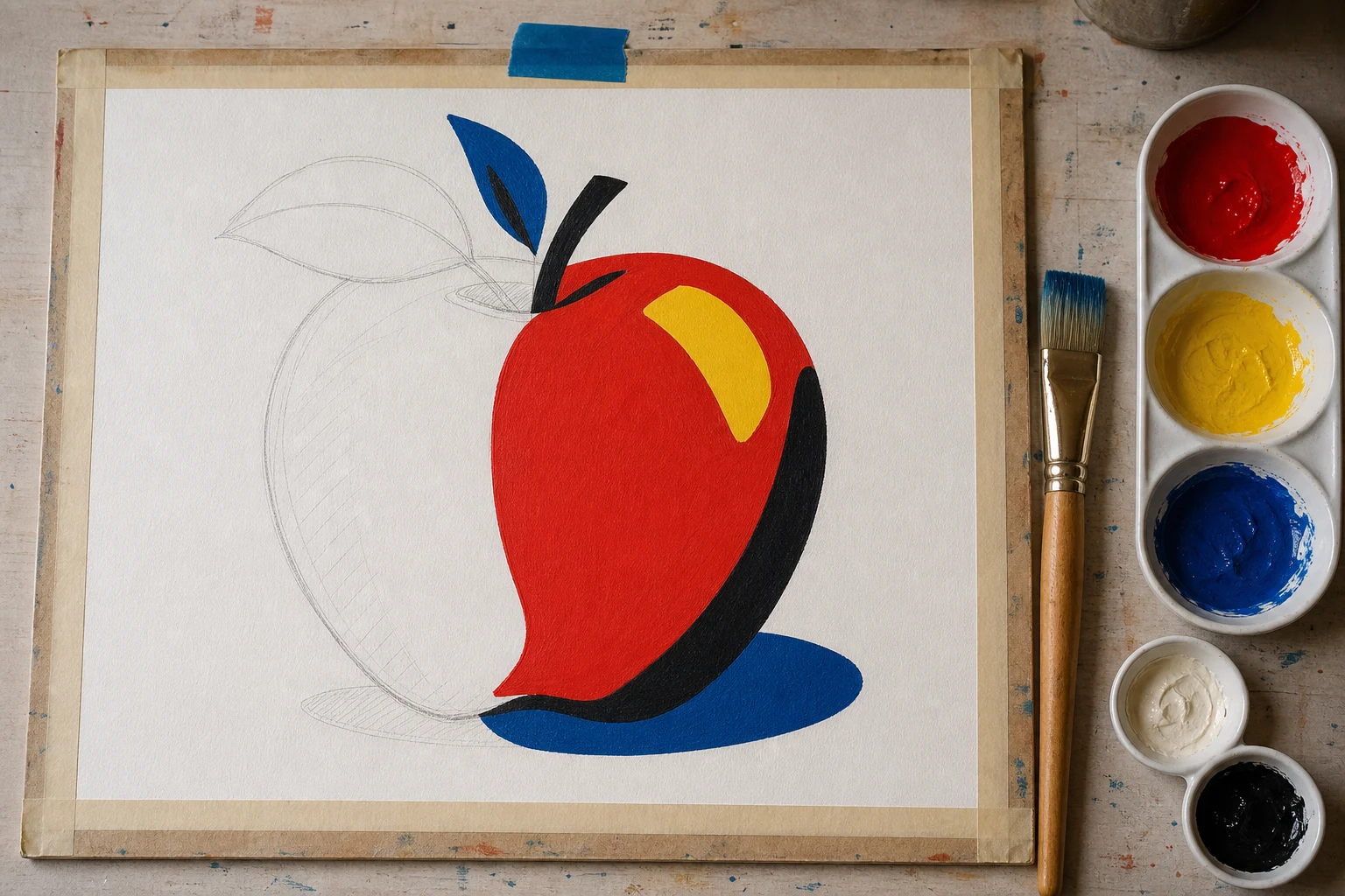Een appelmotief dat van potloodschets wordt opgebouwd uit grote rode gele blauwe en zwarte kleurvlakken