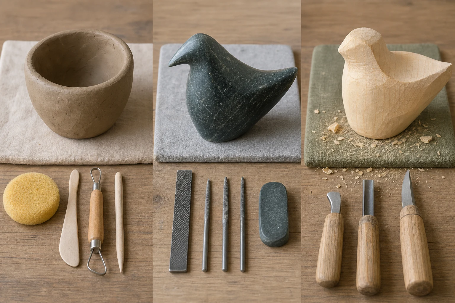 Klei, speksteen en zacht hout met passend beginnersgereedschap