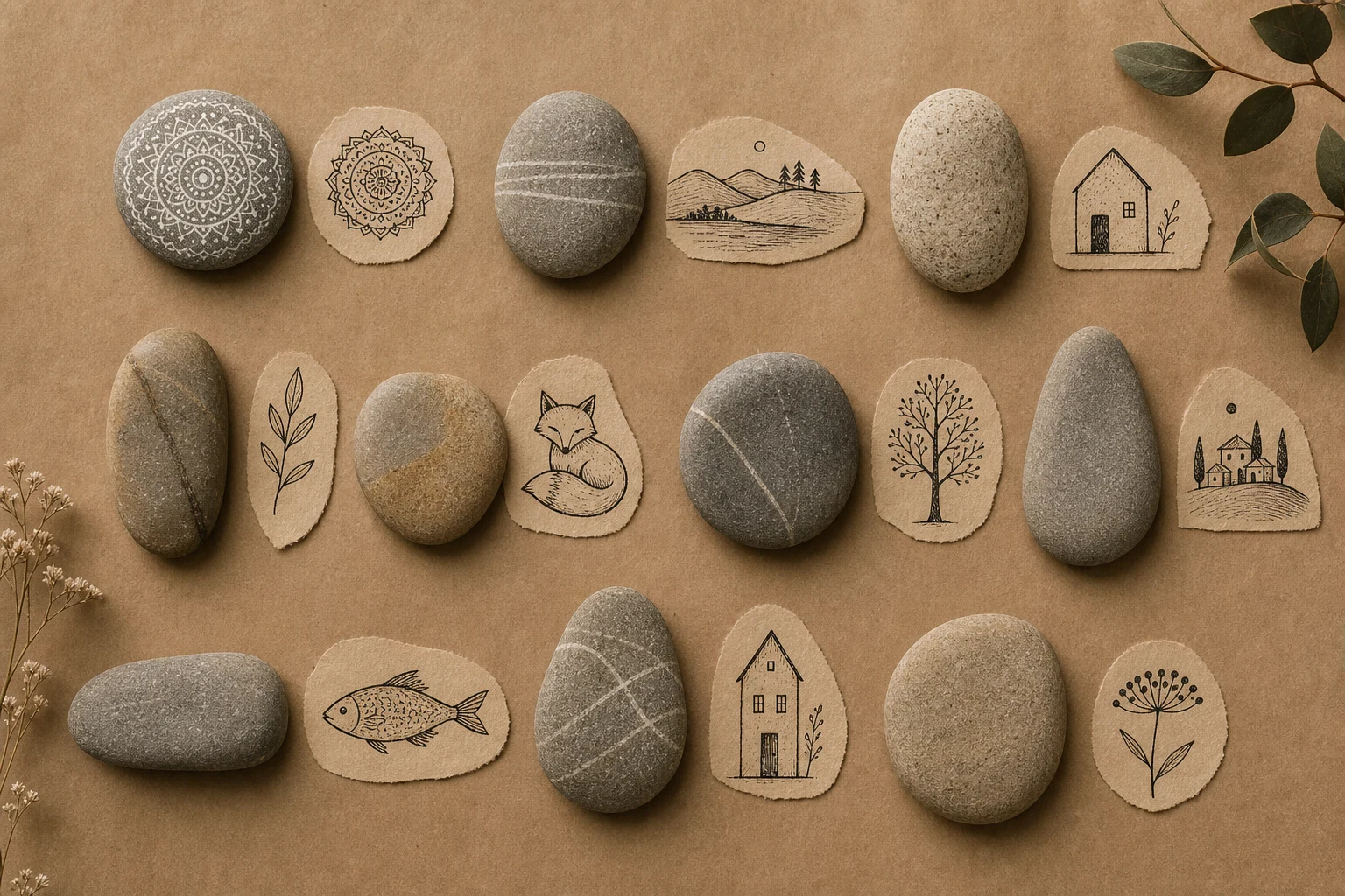 Werktafel met gewassen keien, acrylverf en drie geschilderde happy stones