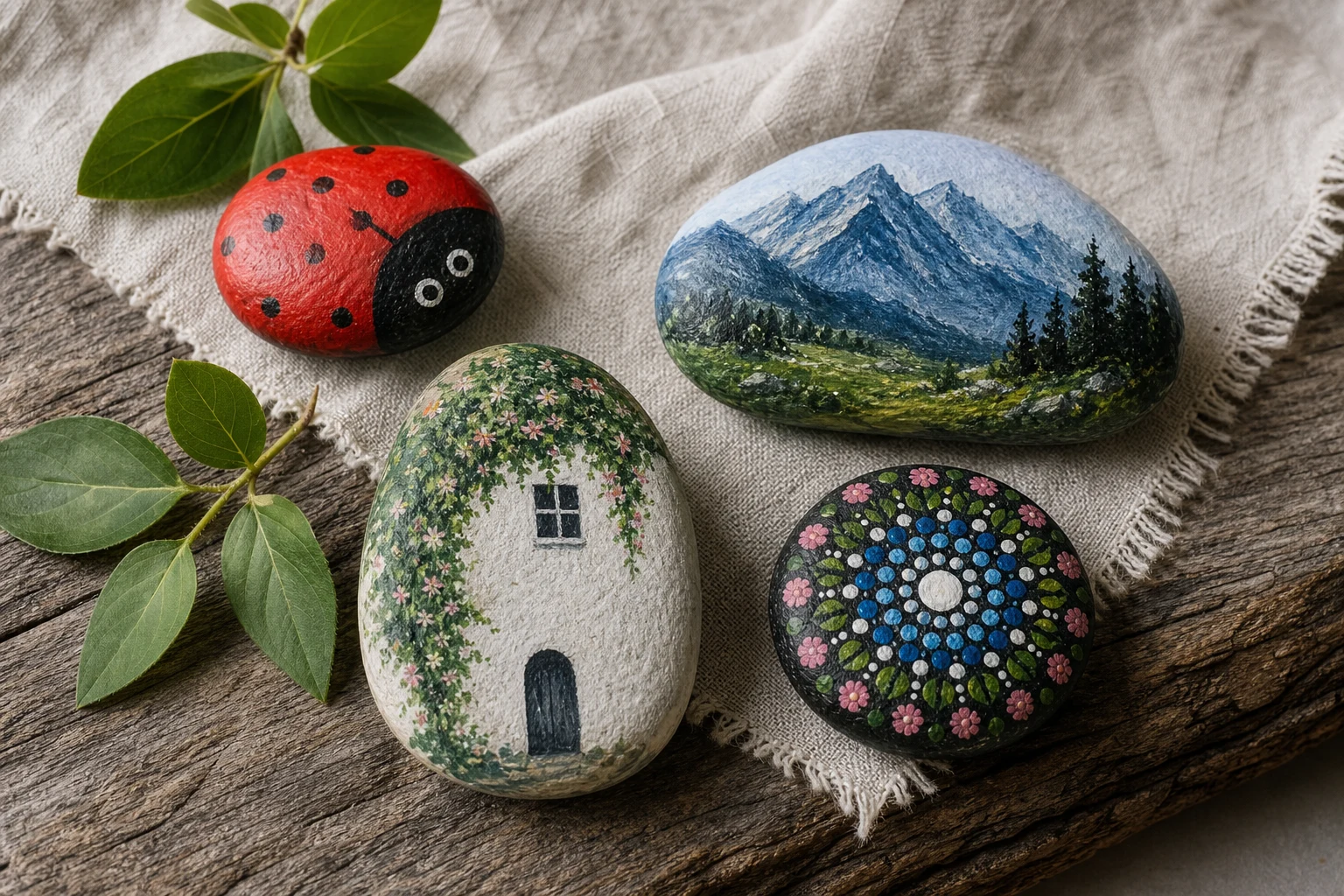 Galerij met beschilderde stenen als lieveheersbeestje, huisje en mini-landschap