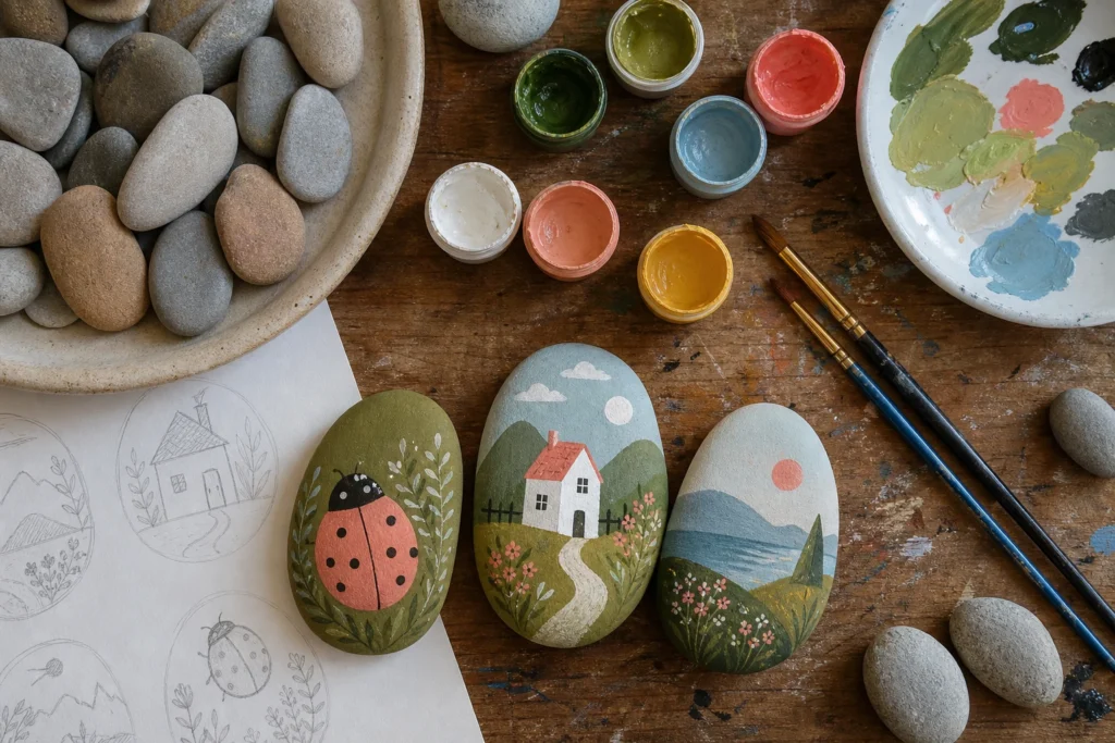 Werktafel voor het schilderen van happy stones