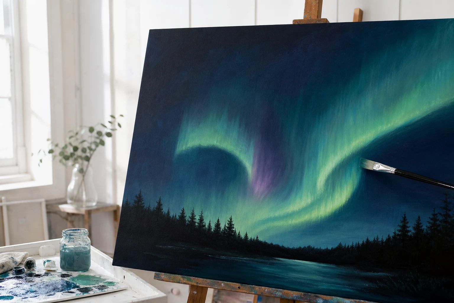 Acrylschilderij van het noorderlicht in een helder wit atelier met een penseel bij de groene lichtsluier