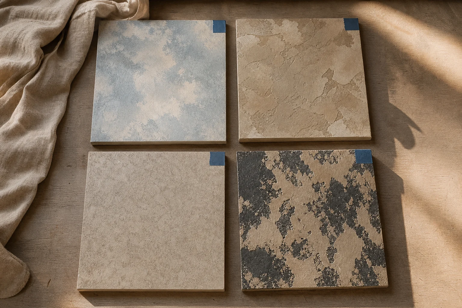 Vier matte verfpanelen met wolkerig, steenachtig, fijn gemêleerd en contrastrijk sponseffect