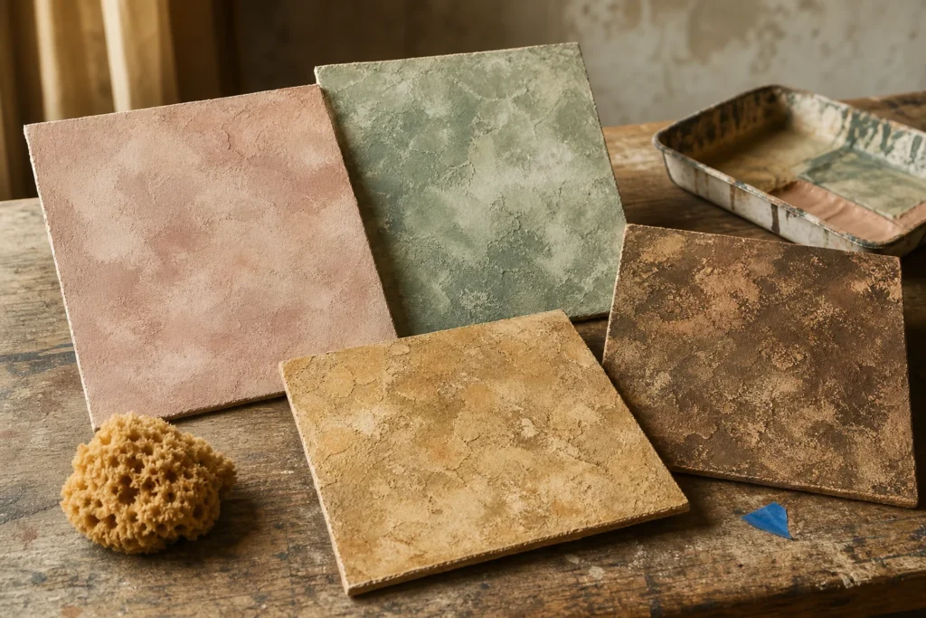 Vier handgemaakte matte verfpanelen met verschillende sponseffecten naast een natuurspons