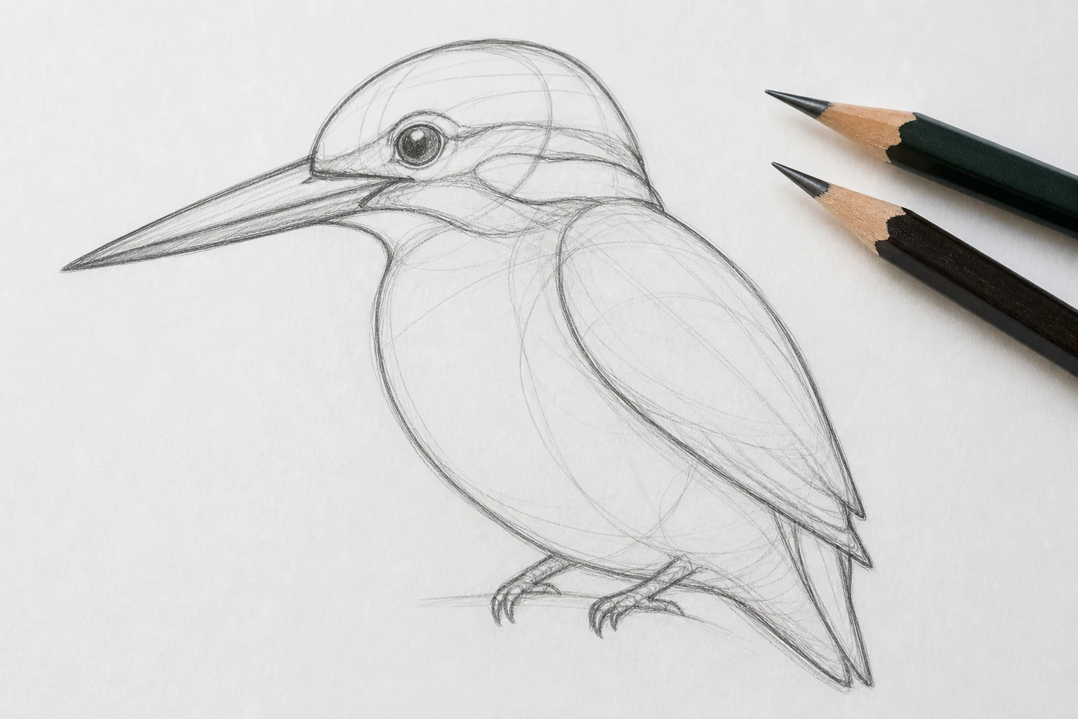 Potloodschets van een ijsvogel op wit papier met de verhoudingen van kop, lijf en snavel aangegeven