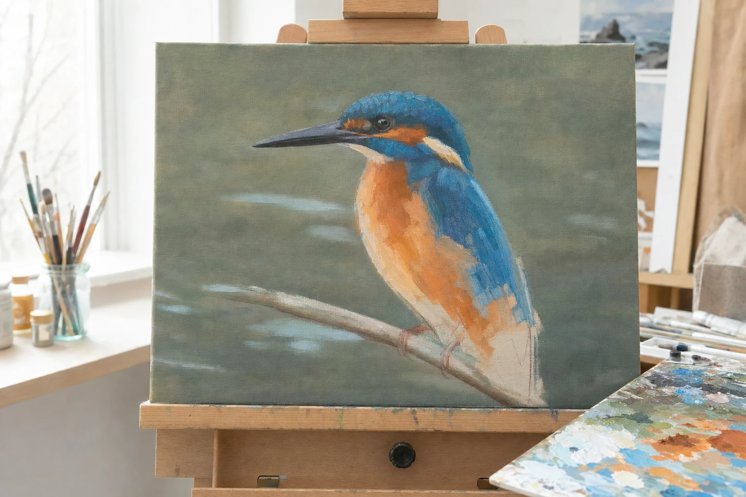 Een schildersezel met een deels voltooid ijsvogelschilderij: de vogel zittend op een tak, met achtergrond en tak al ingevuld en de vogel in blokken kleur opgebouwd