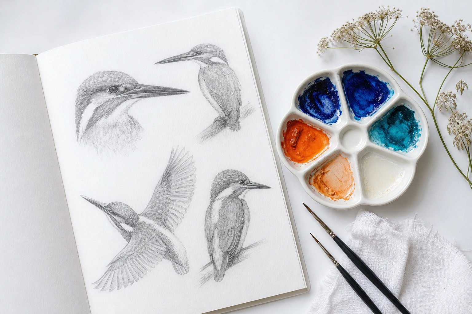 Witte vogelstudie-werkplaats met een schetsboek met ijsvogelobservaties, verfpalet met blauwe en oranje verffamilies en penselen op een licht blad