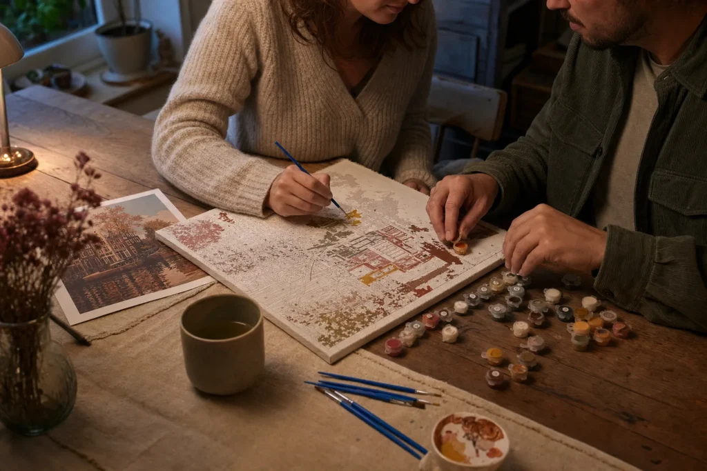Koppel dat samen aan een schilderen-op-nummerdoek werkt aan een houten eettafel