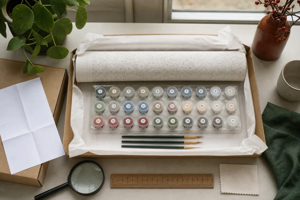 Geopend schilderen-op-nummerpakket op een webshop-keurtafel
