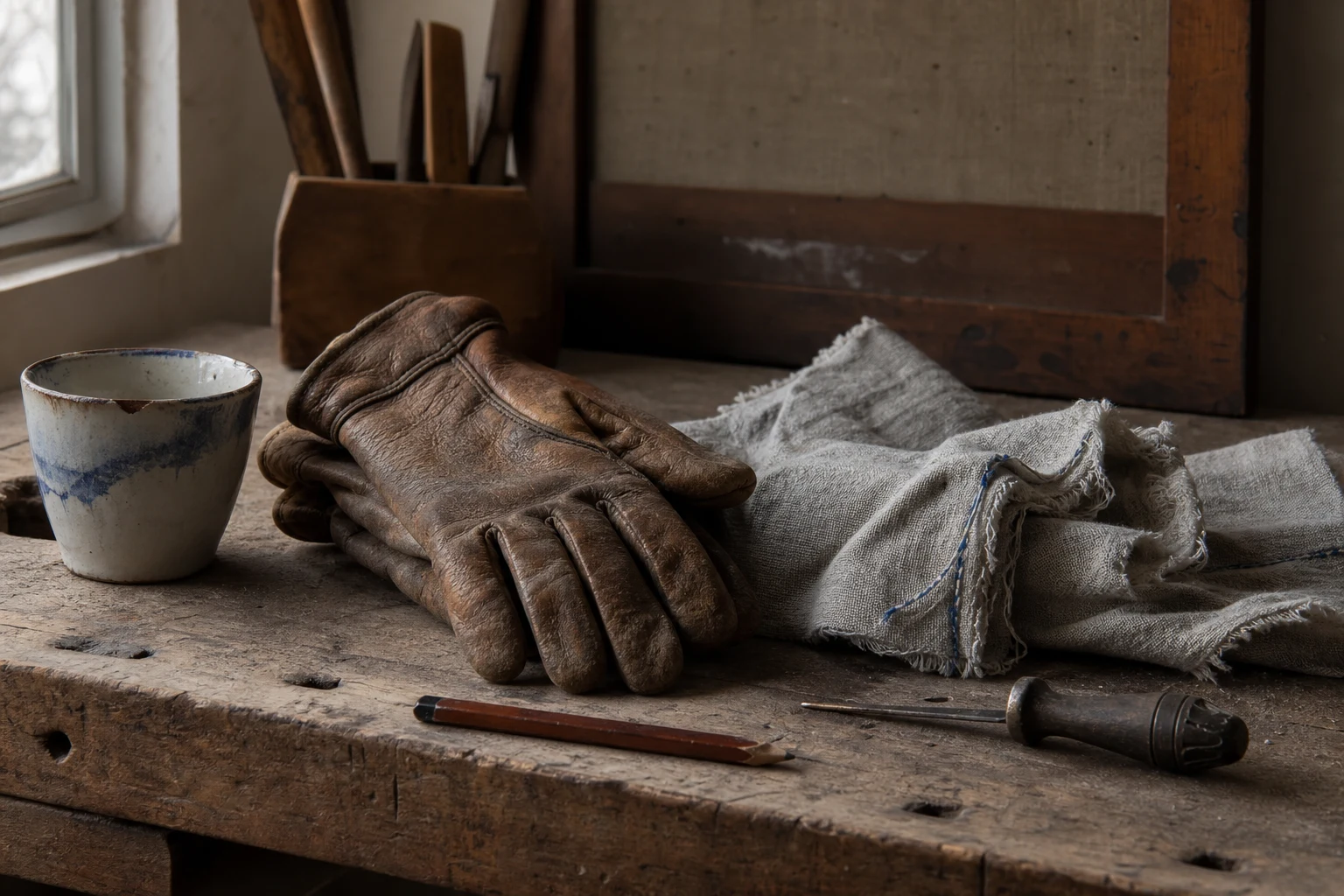 Alledaags stilleven met versleten werkhandschoenen keramiek en natuurlijk raamlicht