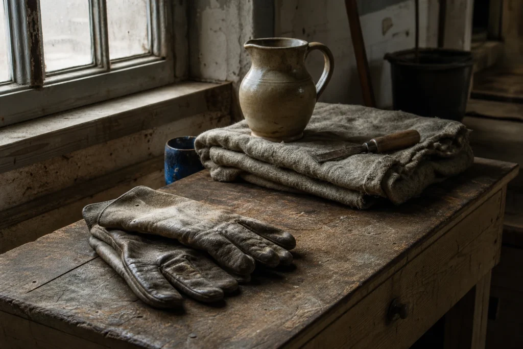 Ongeïdealiseerd werkplaatsstilleven met versleten handschoenen aardewerk en grof linnen