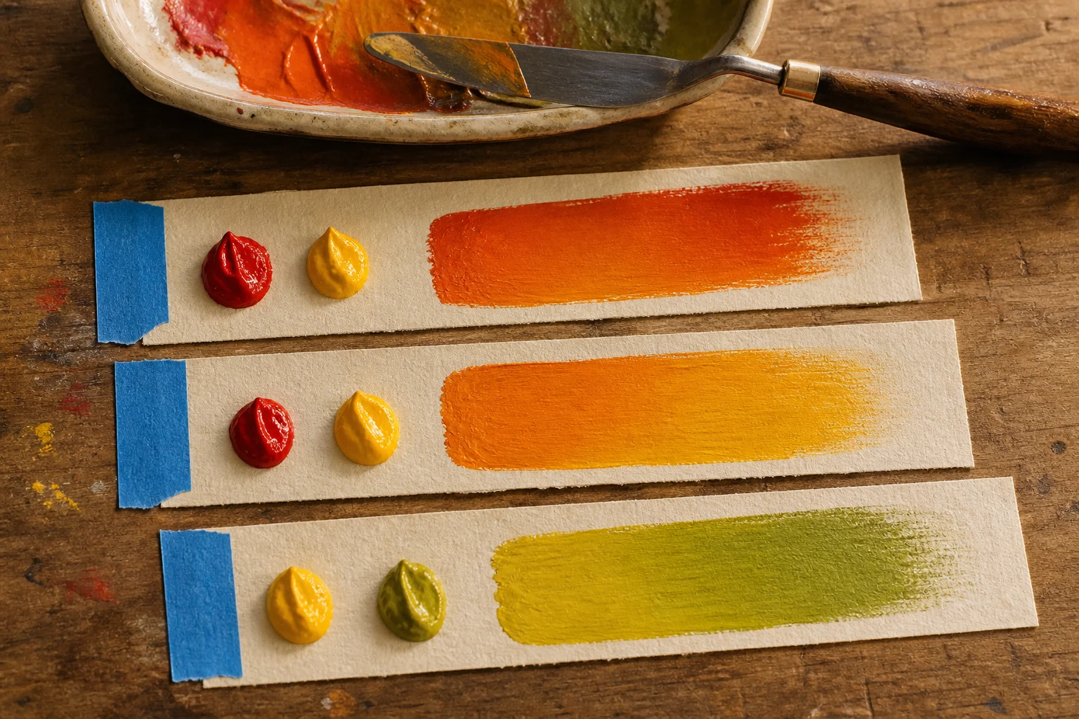 Warme tertiaire kleurproeven van rood geel oranje en geelgroen op atelierpapier