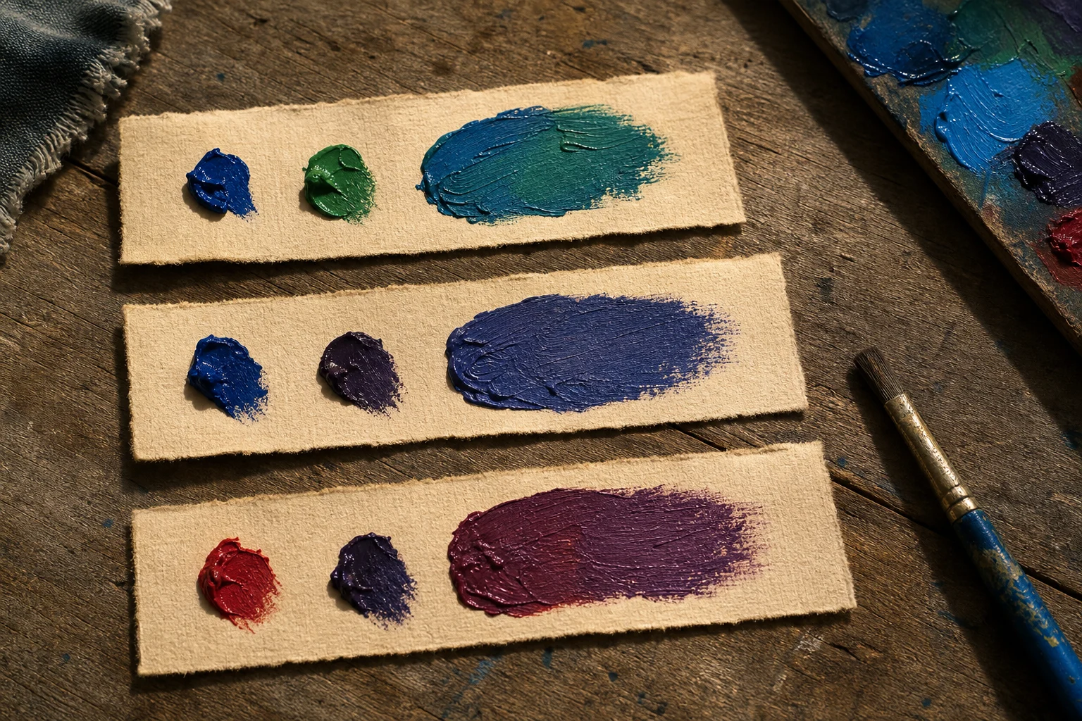 Koele mengproeven van blauwgroen blauwviolet en roodviolet met echte penseeltextuur