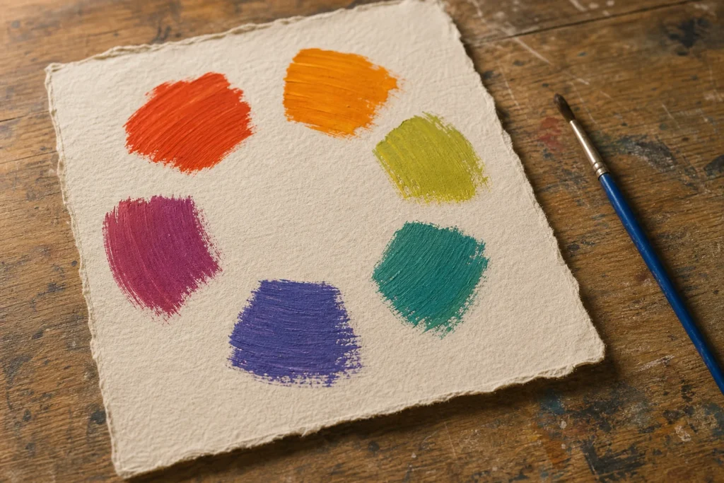 Zes tertiaire acrylverfproeven in een losse kleurencirkel op warm atelierpapier