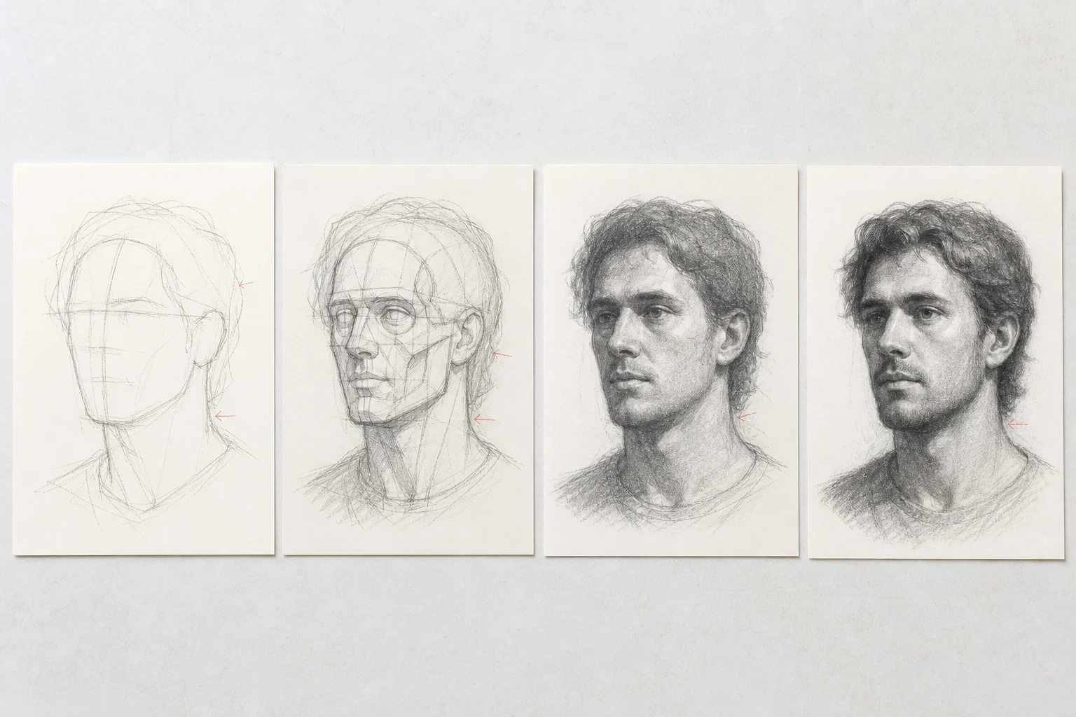 Vier opeenvolgende grafietstudies van hoofdmassa tot uitgewerkt portret